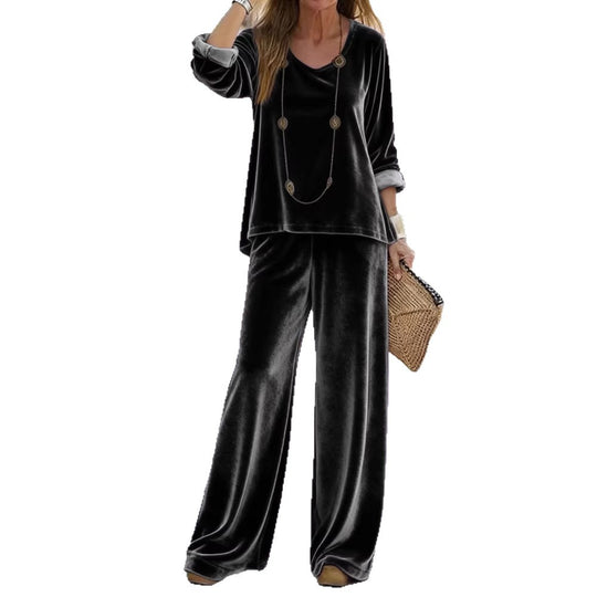 Damen Elegantes Samt-Zweiteiler Lounge-Set mit V-Ausschnitt und weitem Bein EB