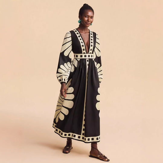 Damen Maxi-Kleid mit tiefem V-Ausschnitt und extravaganten Ärmel-Designs EB