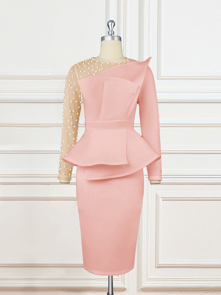 Damen figurbetontes Abendkleid mit transparenten Puffärmeln und voluminösem Oberteil EB