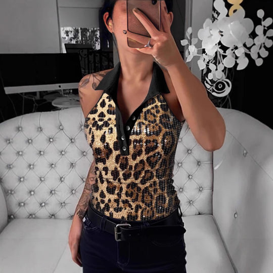 Damen Poloshirt mit glänzenden Pailletten und modischem Leoprint EB