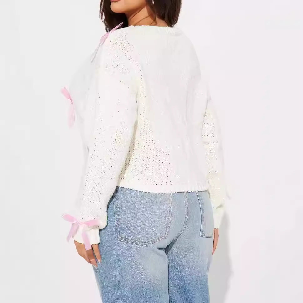 Damen Süßer Strickpullover mit Schleifen-Applikationen EB