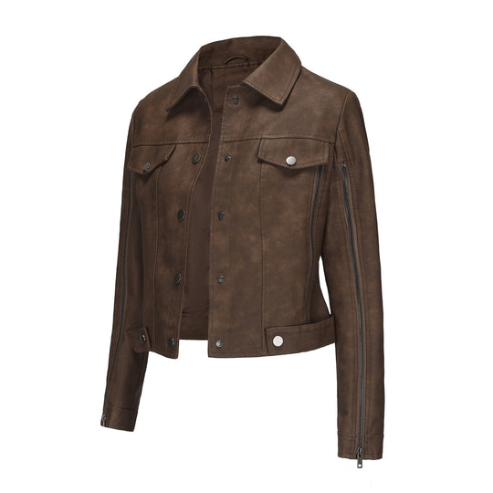 Damen modische Shortjacke aus Kunstleder mit Reißverschlussdetails EB