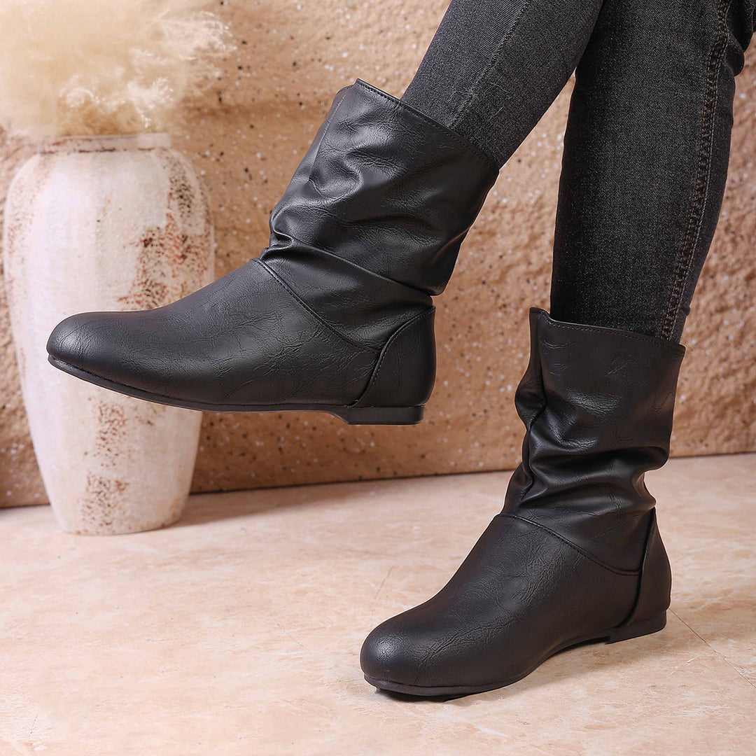 Damen  weiche Slouch-Stiefel mit flacher Laufsohle und gerafftem Schaft EB