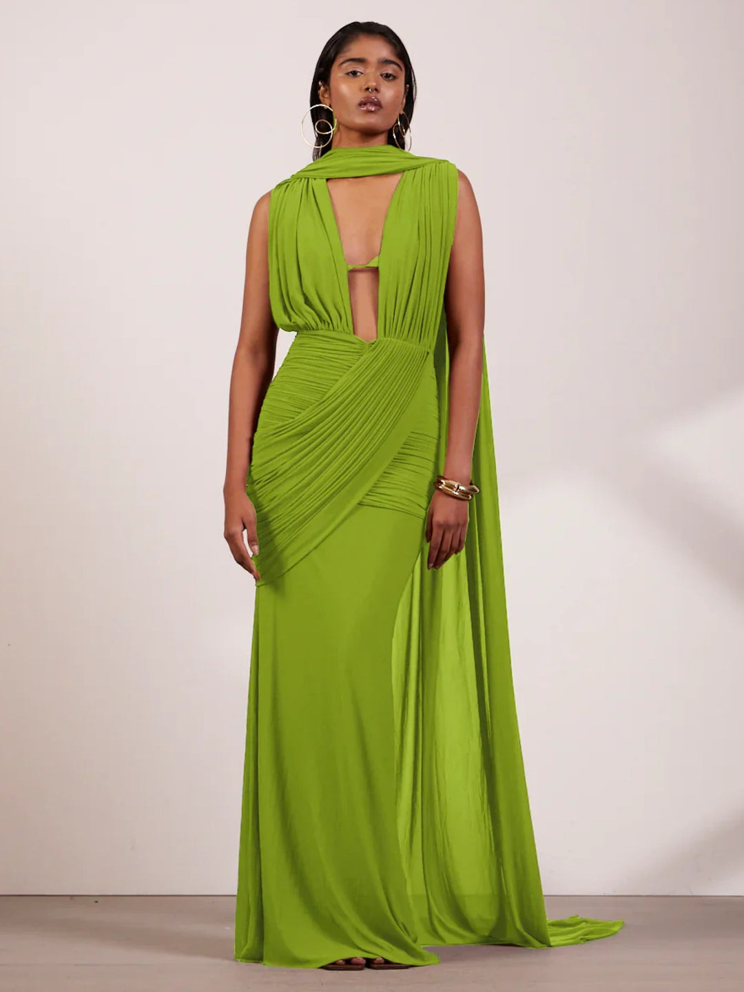 Damen bodenlanges Wickelkleid mit raffinierten Drapierungsdetails und elegantem V-Ausschnitt EB