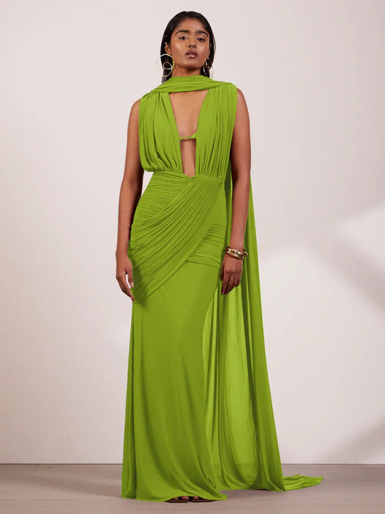 Damen bodenlanges Wickelkleid mit raffinierten Drapierungsdetails und elegantem V-Ausschnitt EB