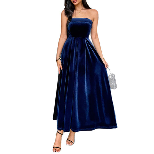 Damen Elegantes Maxikleid aus samtigem Material mit schulterfreiem Design EB