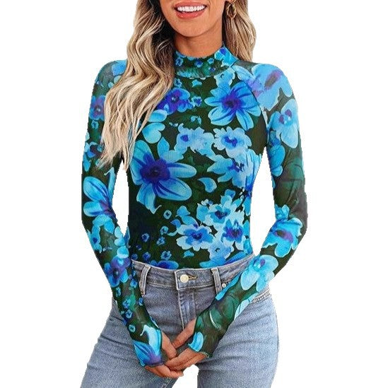 Damen Transparentes Mesh-Longsleeve mit Blumenprint und Stehkragen EB