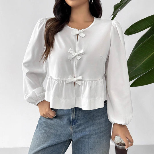 Damen Bluse mit romantischen Rüschendetails und Schleifen EB