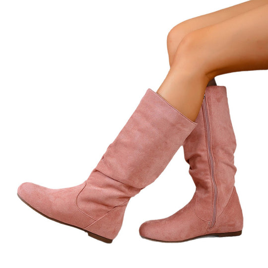 Damen kniehoher Slouch-Stiefel mit seitlichem Reißverschluss und flacher Profilsohle EB