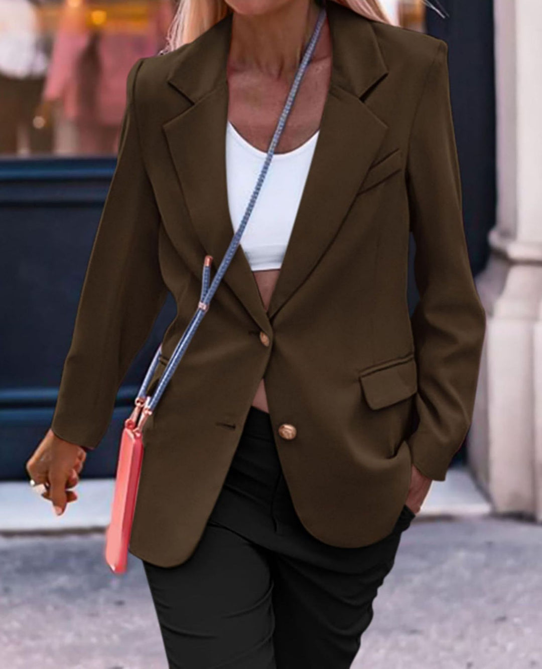 Damen Eleganter Einreiher Blazer mit goldenen Knöpfen und tailliertem Schnitt EB