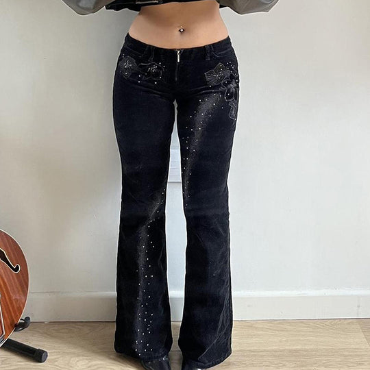 Damen nan ausgestellte Cordhose mit Glitzerstreifen und Blumenstickerei, hoher Bund EB