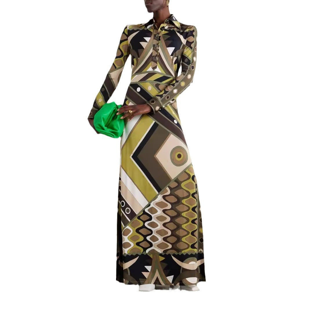 Damen Maxikleid mit geometrischem Muster und Knopfdetails EB