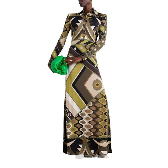 Damen Maxikleid mit geometrischem Muster und Knopfdetails EB