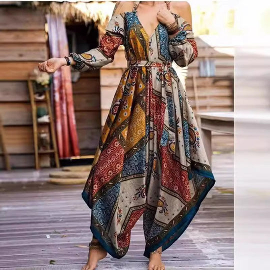 Damen Maxi-Kleid im Boho-Stil mit Cut-Out-Ärmeln und floralen Mustern EB