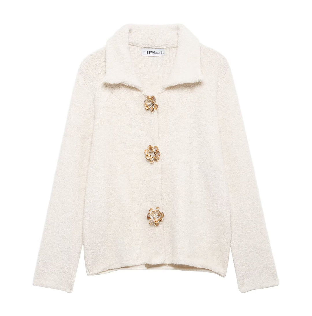 Damen Kuschelige Fluffy-Jacke mit dekorativen Knöpfen EB