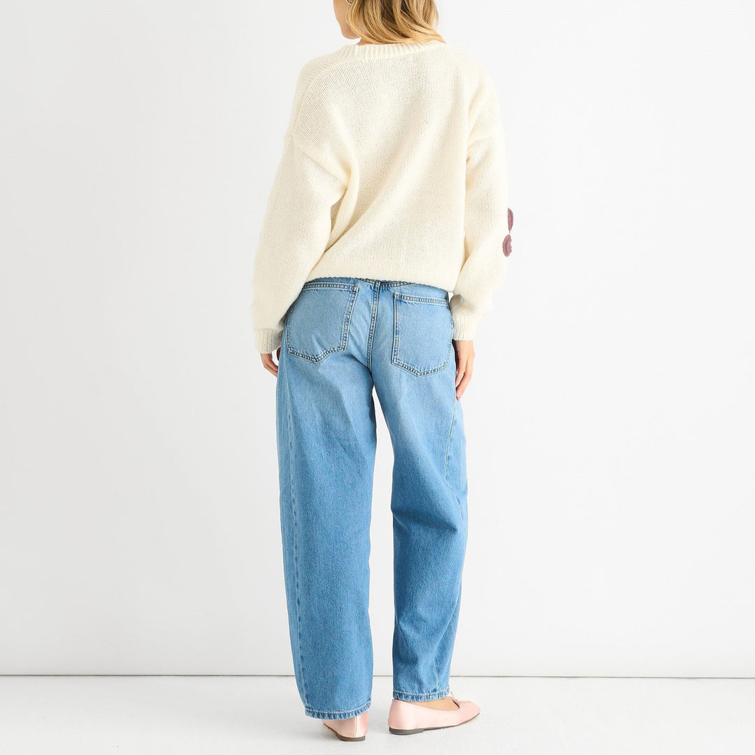 Damen Cardigan mit dreidimensionalen Blumenapplikationen und V-Ausschnitt EB