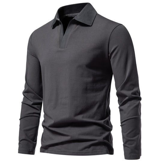 Herren nan Langarm-Polo mit offenem V-Ausschnitt, feinem Rippenkragen und schmaler Silhouette EB