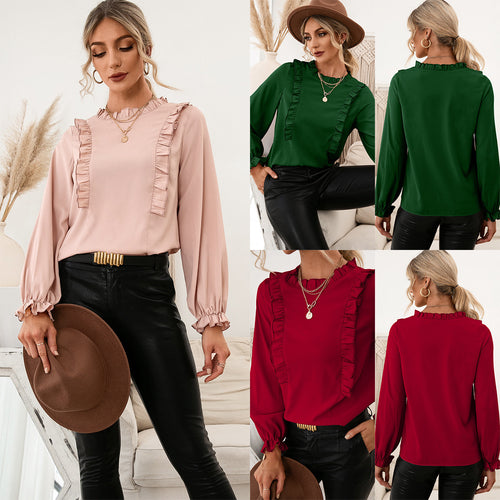 Damen elegante Bluse mit Rüschendetails und lockeren Ärmeln EB