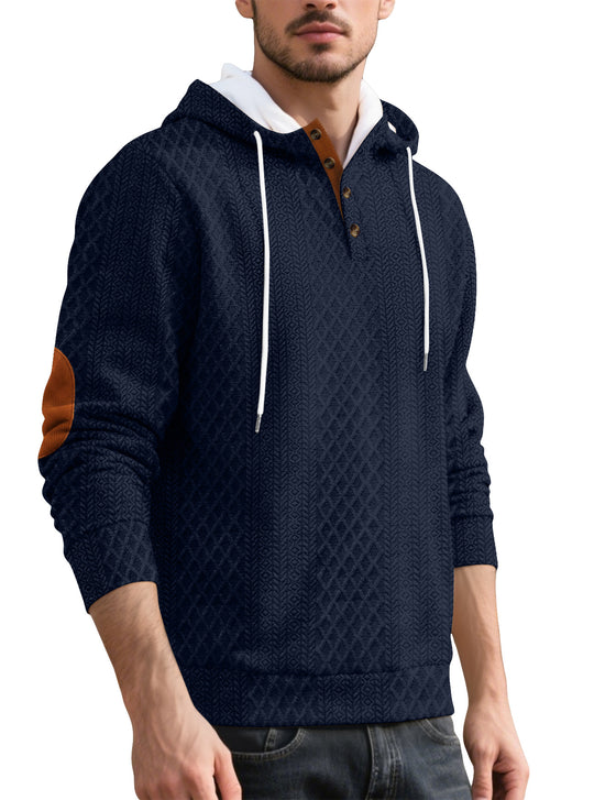 Herren nan Diamond-Struktur Kapuzenpullover mit Kurzknopfleiste, gesteppter Kapuzeninnenkante und Wildleder-Ellbogenpatch EB