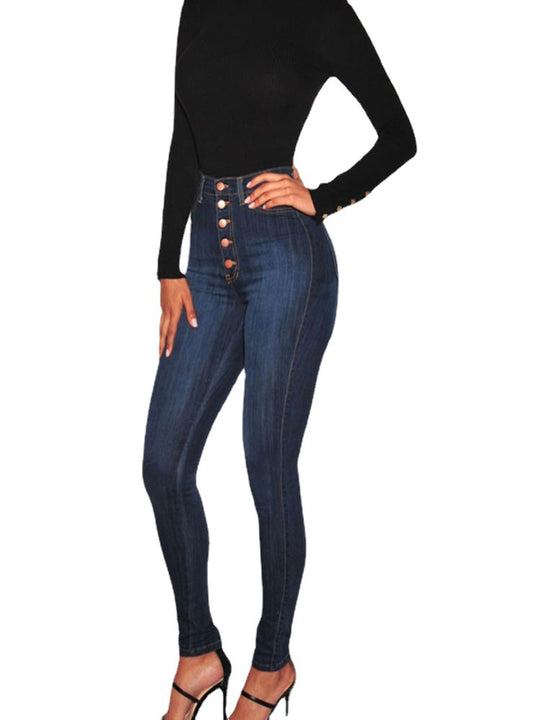 Damen High-Waist Skinny-Jeans mit Knopfdesign und figurbetontem Schnitt EB