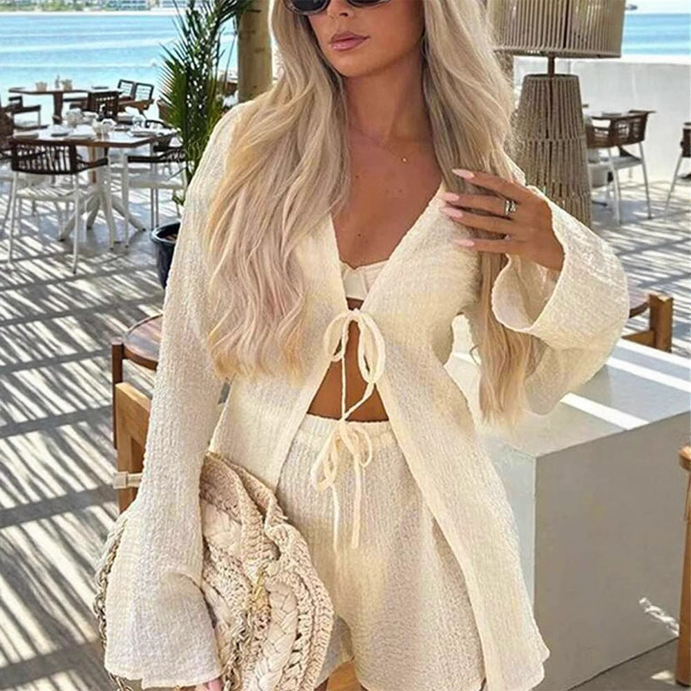 Damen lässiges Set mit langärmliger Bluse und Shorts EB