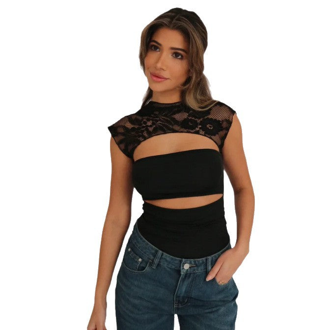Damen Elegantes Oberteil mit Spitzendetails und Cut-Outs EB