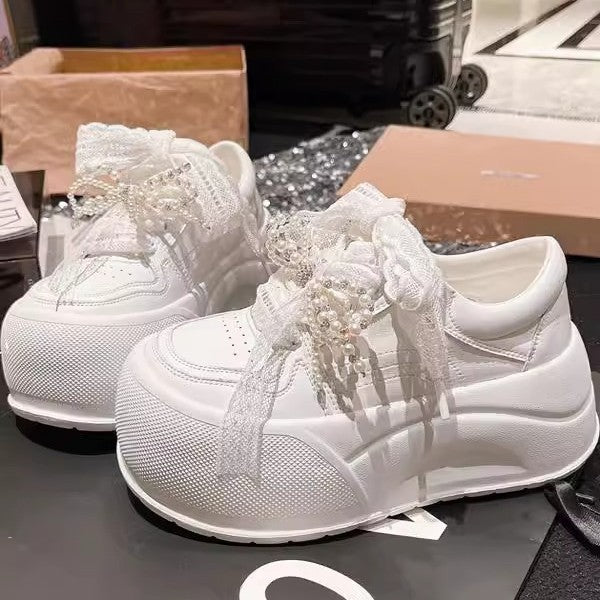 Damen modische Plateau-Sneaker mit dekorativem Schleifendetail und eleganter Schnürung EB
