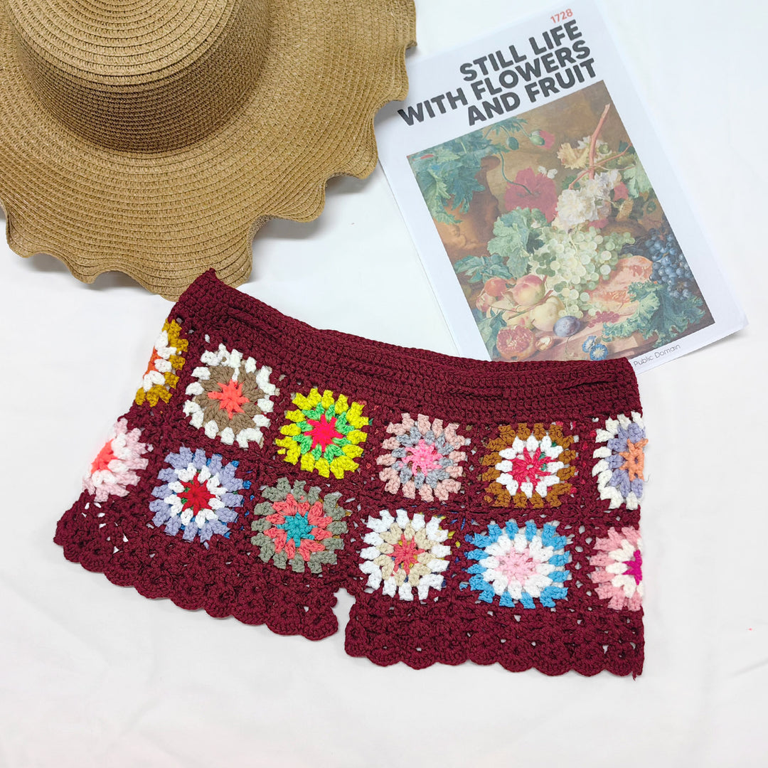 Damen Häkelshorts mit buntem Granny-Quadrat-Muster EB