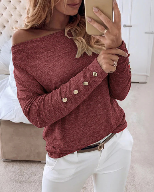 Damen Offshoulder Feinstrickpullover mit Zierknopfleiste an den Ärmeln EB