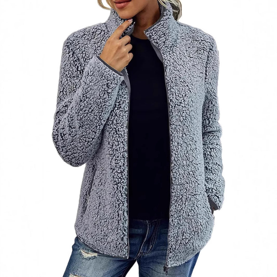 Damen kuschelige Fleecejacke mit hohem Kragen und praktischen Taschen EB