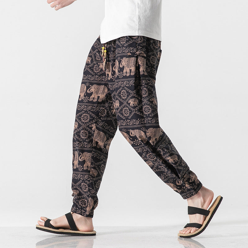 Unisex nan lässige Boho-Haremshose mit Elefantenmuster, elastischem Bund und Bündchen EB
