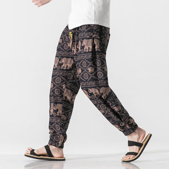 Unisex nan lässige Boho-Haremshose mit Elefantenmuster, elastischem Bund und Bündchen EB