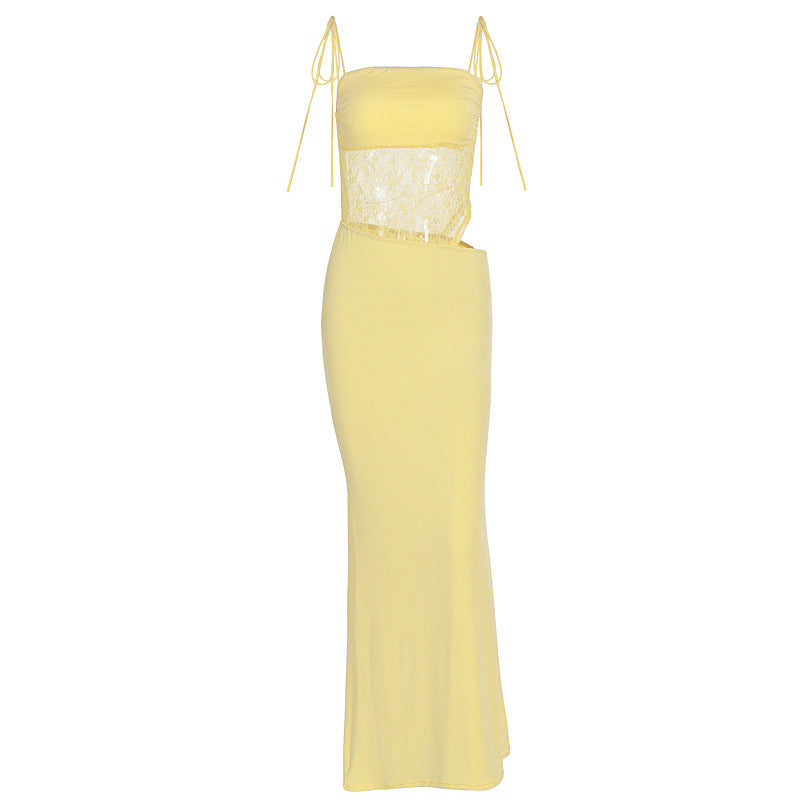 Damen elegantes langes Kleid mit raffiniertem Spitzenoberteil und verstellbaren Trägern EB