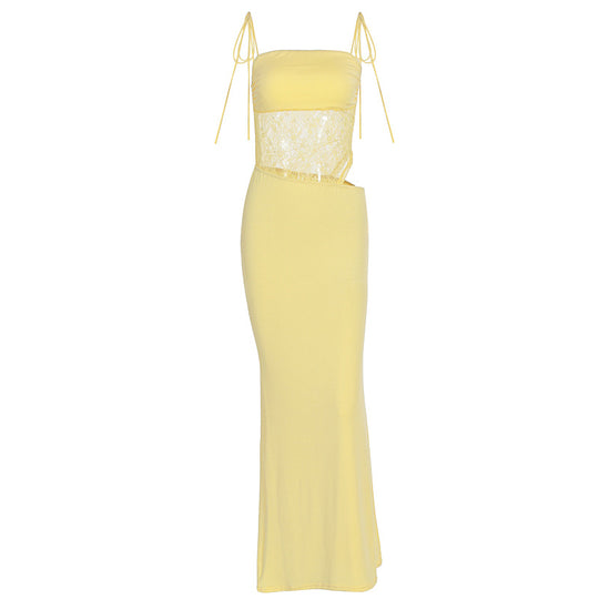 Damen elegantes langes Kleid mit raffiniertem Spitzenoberteil und verstellbaren Trägern EB
