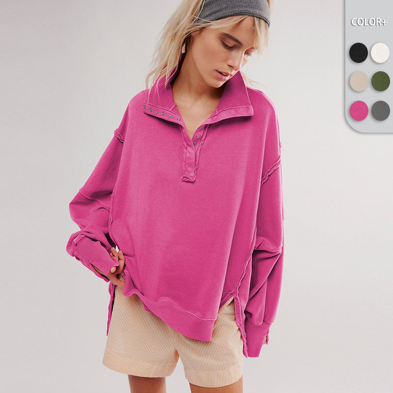 Damen Oversize Pullover mit Kragen und Druckknöpfen EB