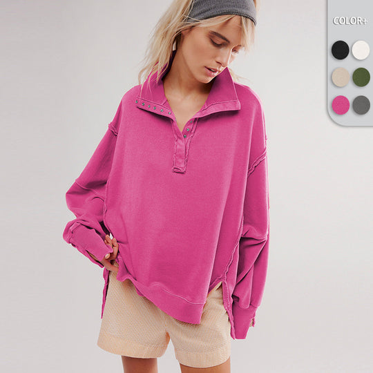 Damen Oversize Pullover mit Kragen und Druckknöpfen EB