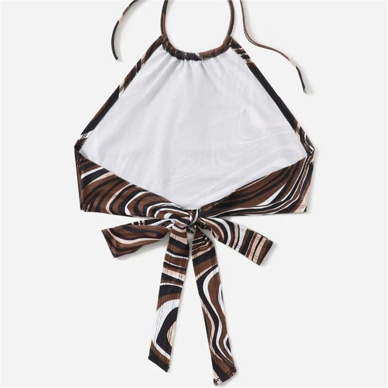 Damen trendiges Halter-Top mit elegantem Wickel-Design und grafischem Print EB