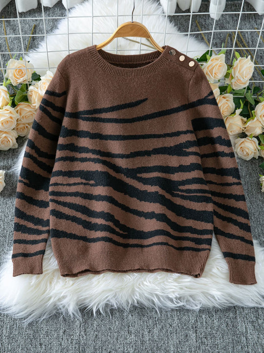 Damen gemütlicher Strickpullover mit modernem Zebrastreifen-Muster und komfortablem Schnitt EB