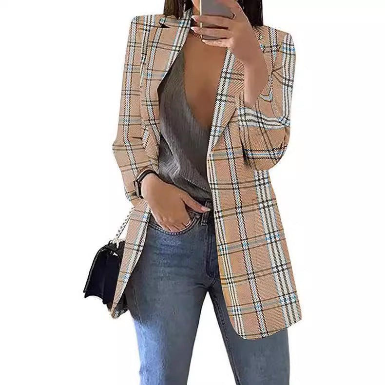 Damen nan taillierter Karoblazer Longline mit strukturierter Schulterpartie und offener Front EB