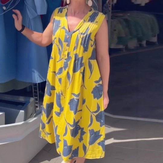 Damen nan lässiges V-Ausschnitt-Midikleid mit Brustpasse, senkrechten Falten und dekorativer Knopfleiste EB