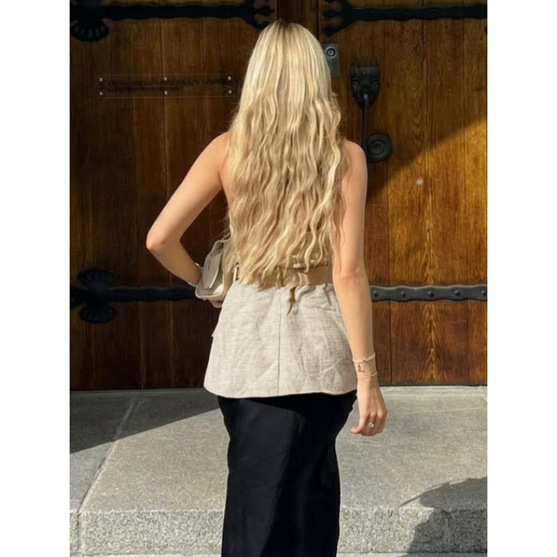 Damen ärmellose Blazer mit Bindegürtel und hoher Taillierung EB