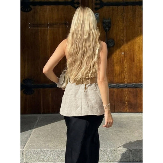 Damen ärmellose Blazer mit Bindegürtel und hoher Taillierung EB