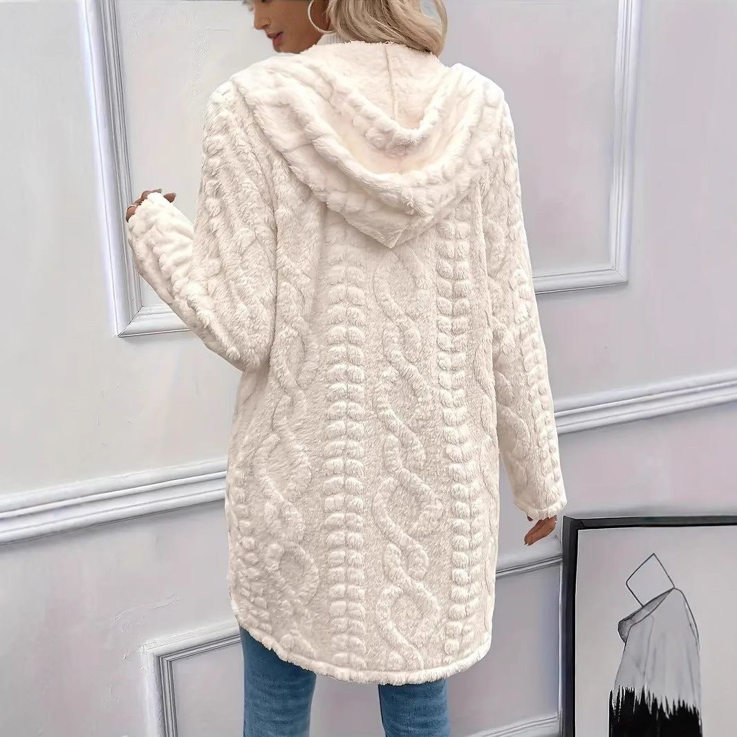 Damen Plüschjacke mit Kapuze und Knopfverschluss EB