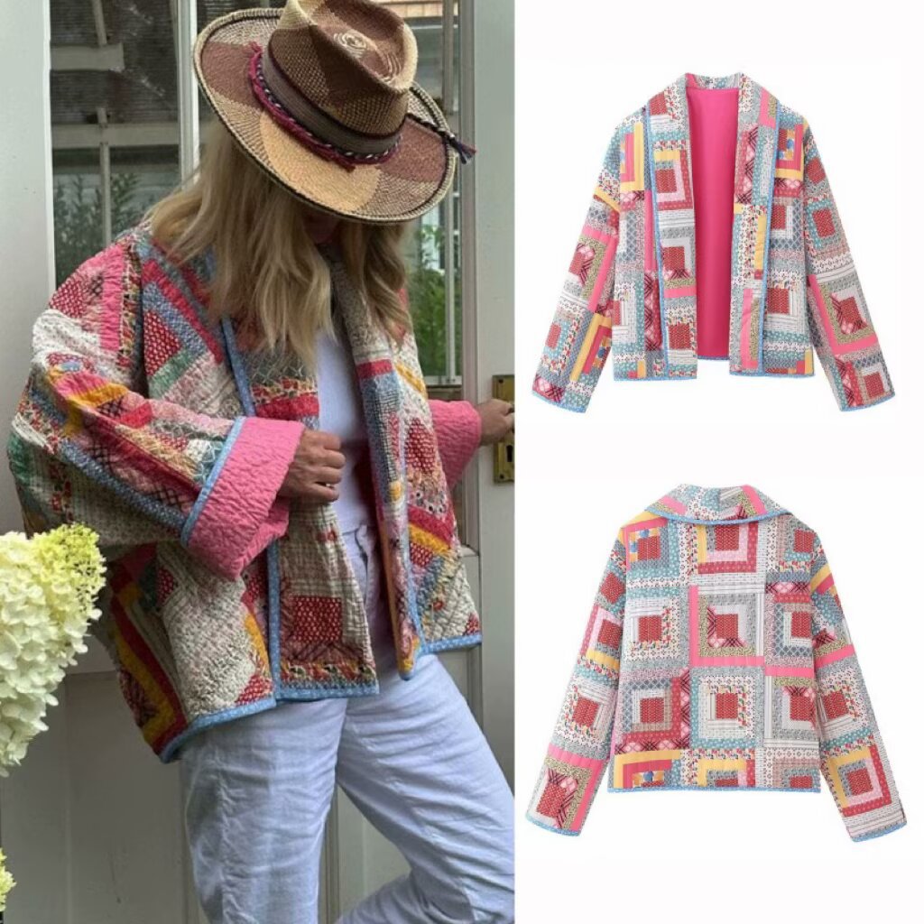 Damen nan gesteppte Patchwork-Kimonojacke mit glänzendem Satinfutter und weitem Schalkragen EB