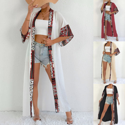 Damen eleganter, leichter Kaftan mit buntem Häkelbesatz EB