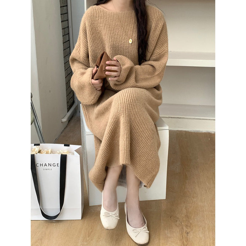 Damen Langes, gemütliches Strickkleid mit weitem Schnitt und Rundhalsausschnitt EB