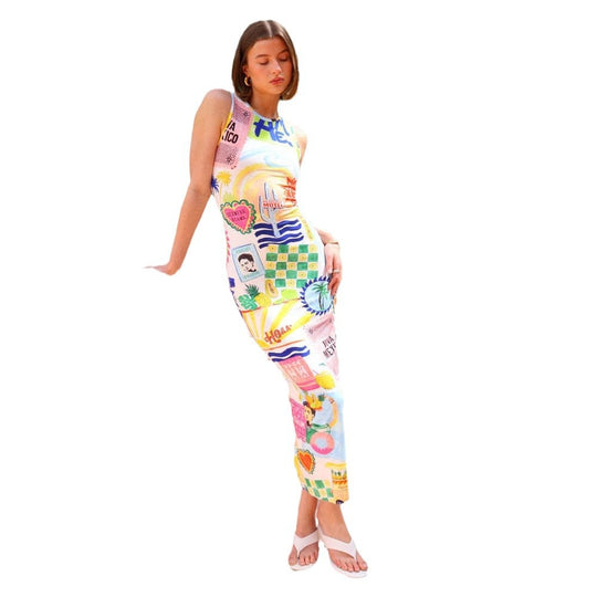 Damen Midikleid mit buntem Grafikdruck und figurbetontem Schnitt EB