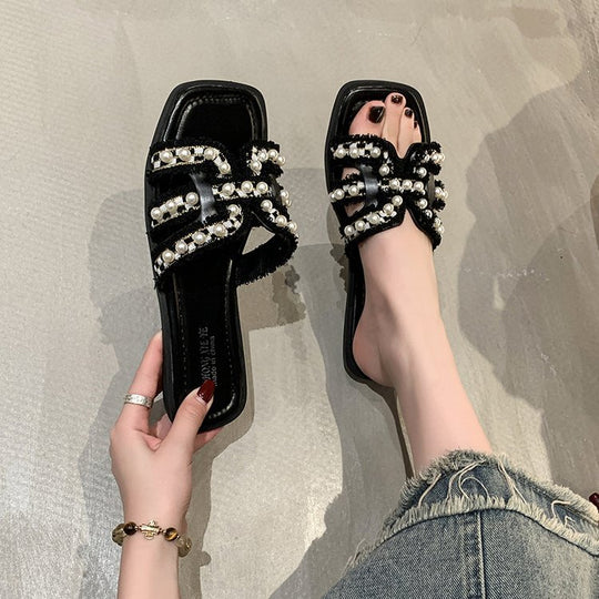 Damen elegante Mules mit Perlenverzierung EB