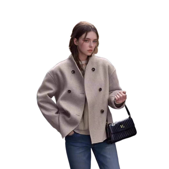 Damen modische Wolljacke mit doppelter Knopfleiste und hohen Kragen EB