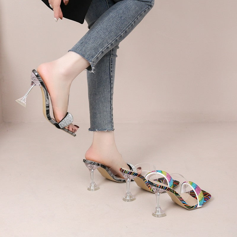 Damen modische Sandalen mit transparenten Trägern und funkelndem Strass EB